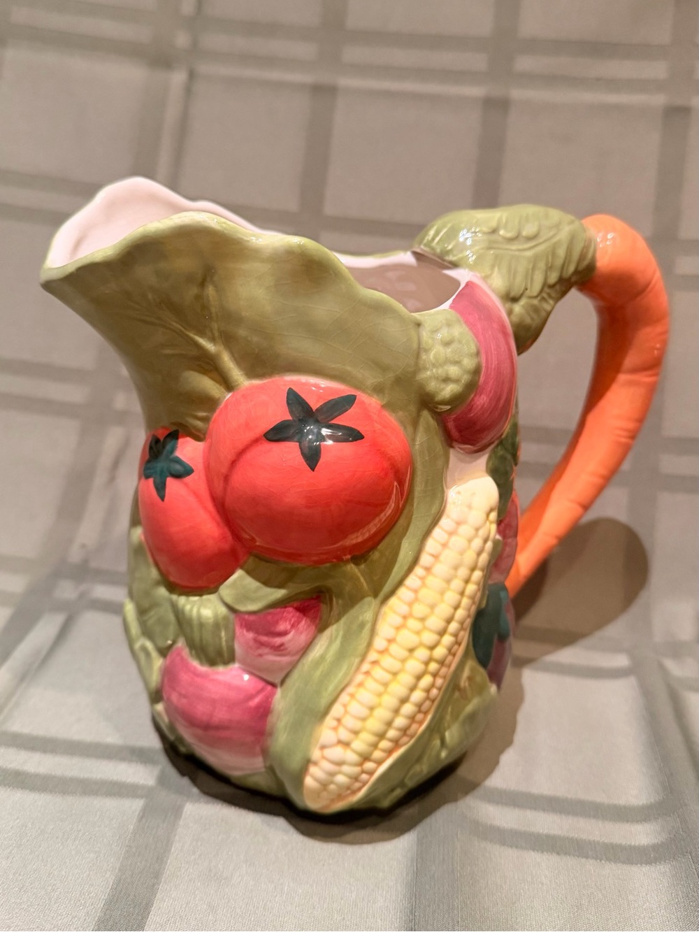 Colorful Vegetable Ceramic Pitcher Carrot Handle – Majolica Style 8”